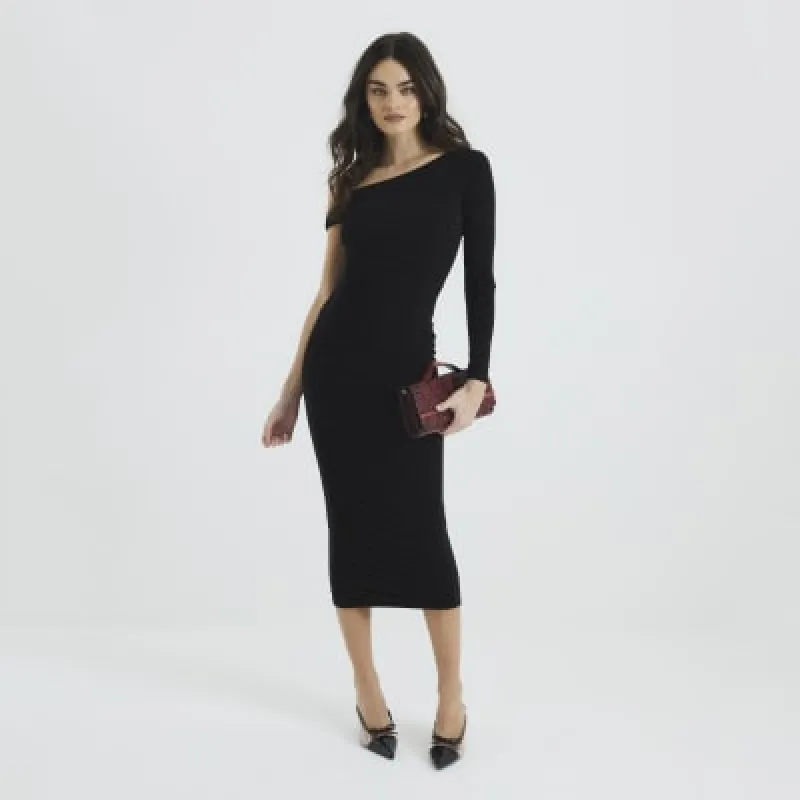 Black Asymmetric Twist Ruched Midi Dress sold by River Island