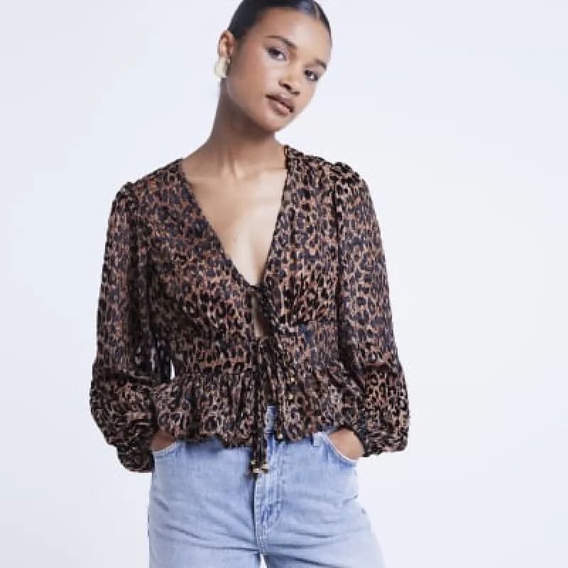Brown leopard print tie front blouse sold by River Island