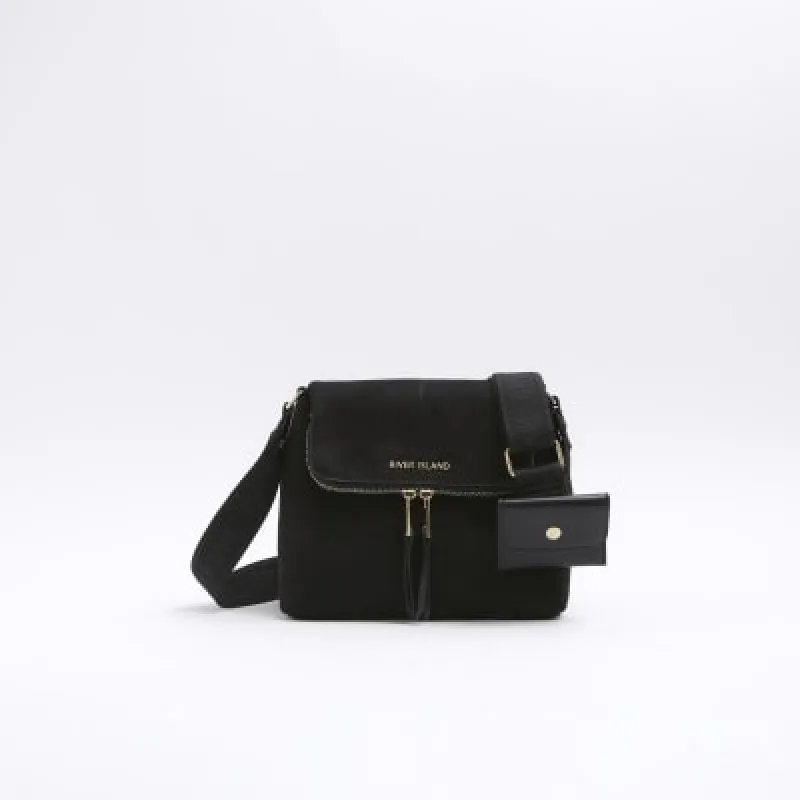 Black Suedette Zip Messenger Cross Body Bag sold by River Island