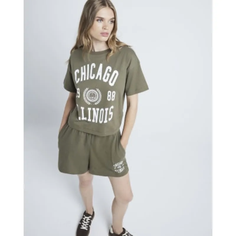 Khaki Chicago graphic t-shirt and shorts set made by River Island