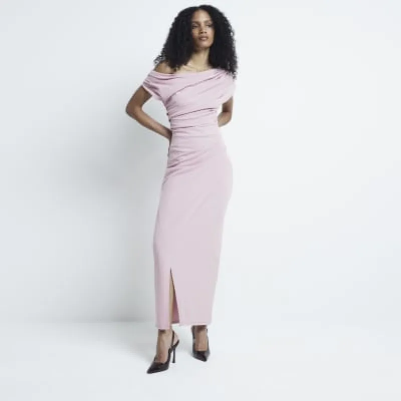 Pink drape off shoulder bodycon maxi dress sold by River Island