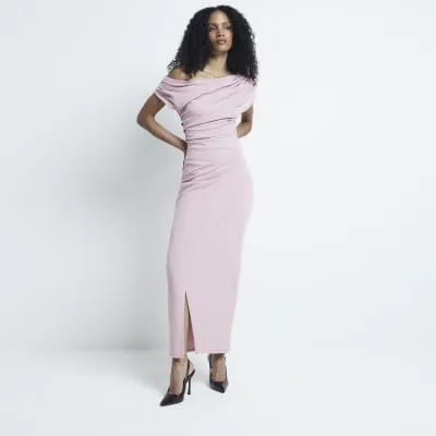 Pink drape off shoulder bodycon maxi dress sold by River Island