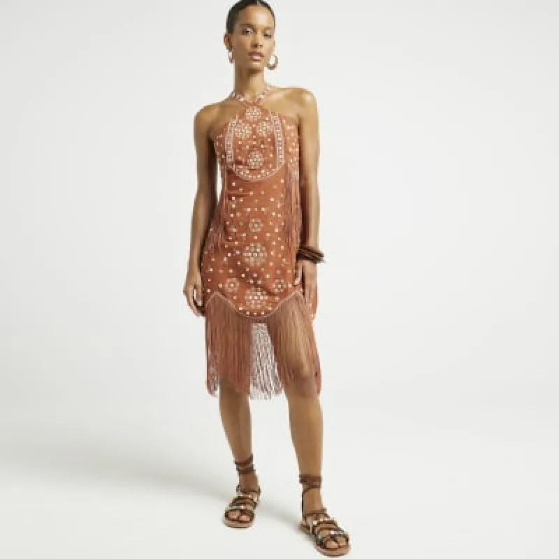Rust embellished fringe slip mini dress sold by River Island