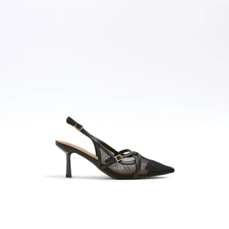 Black wide fit mesh sling back heeled shoes sold by River Island