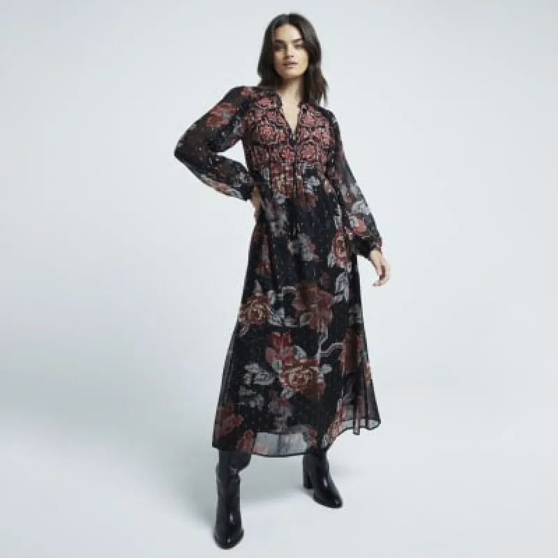 Black chiffon floral smock midi dress sold by River Island