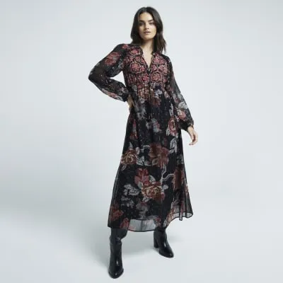 Black chiffon floral smock midi dress sold by River Island