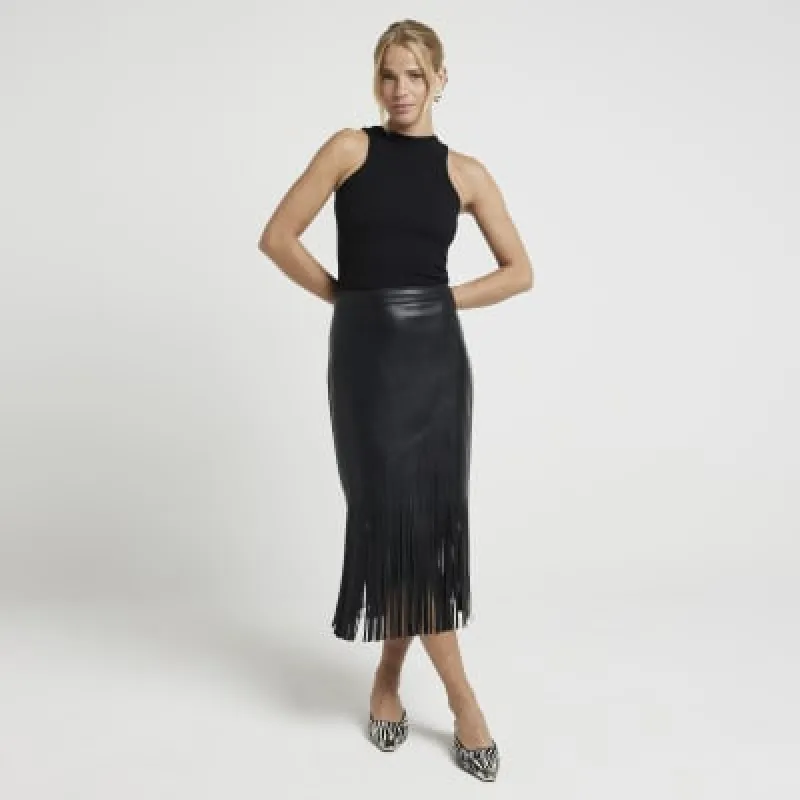 Black faux leather fringe midi skirt sold by River Island