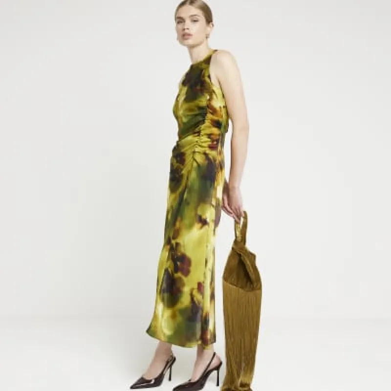 Green abstract ruched bodycon midi dress sold by River Island