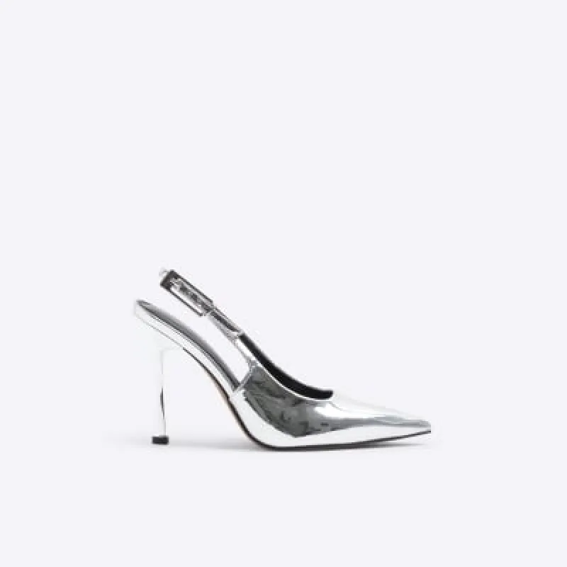 Silver metallic sling back heeled court shoes sold by River Island