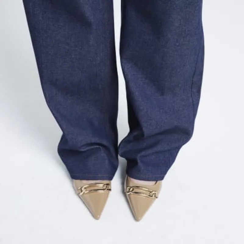 Beige patent sling back kitten heeled shoes sold by River Island