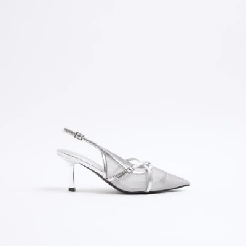Silver Mesh Sling Back Heeled Court Shoes sold by River Island