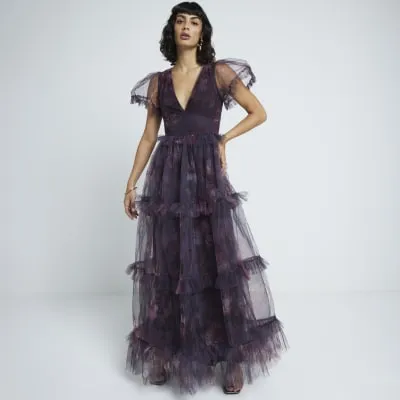 Purple mesh floral frill swing maxi dress sold by River Island
