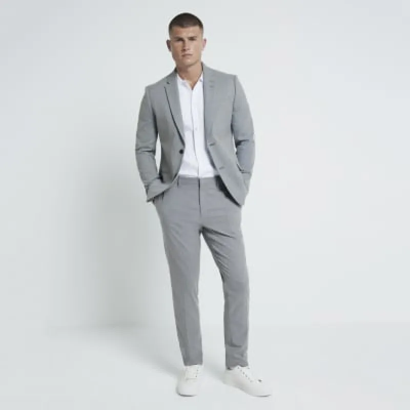 Grey Textured Stretch Slim Fit Suit Trousers sold by River Island