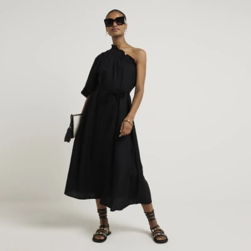 Black linen blend belted shift midi dress sold by River Island