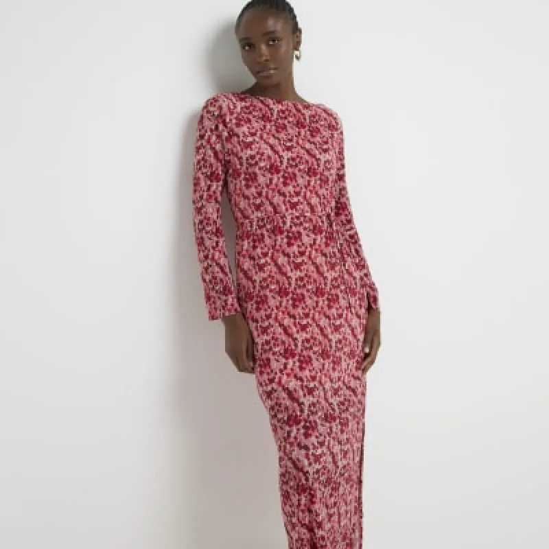 Pink plisse floral bodycon midi dress sold by River Island