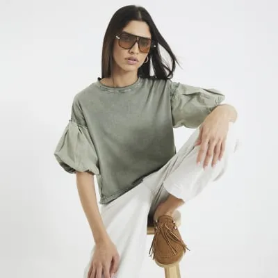 Khaki Puff Short Sleeve Washed T-Shirt sold by River Island