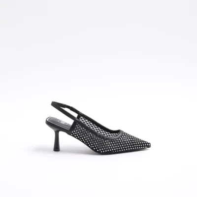 Black diamante mesh sling back heeled shoes sold by River Island