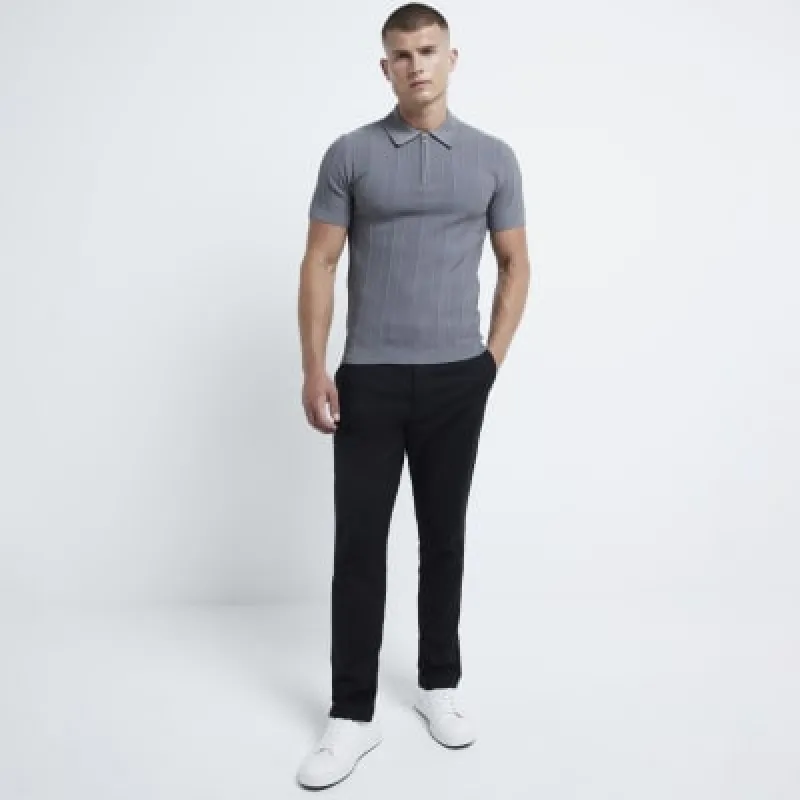 Grey muscle fit herringbone knit polo sold by River Island