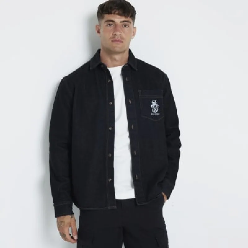 Black regular fit printed pocket denim shirt sold by River Island