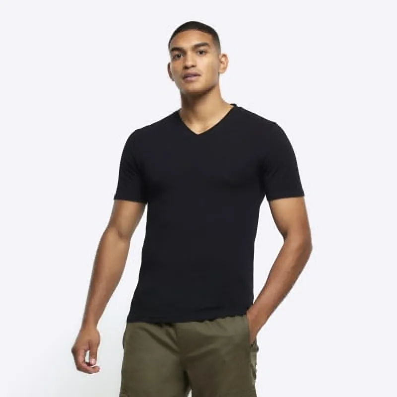 Black muscle fit stretch V neck t-shirt sold by River Island