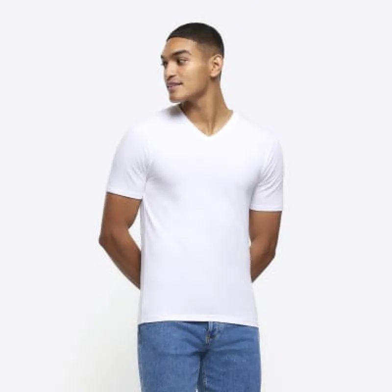 White muscle fit stretch V neck t-shirt sold by River Island