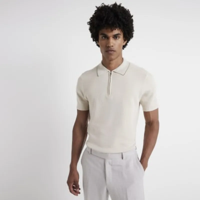 Stone slim fit textured polo t-shirt sold by River Island
