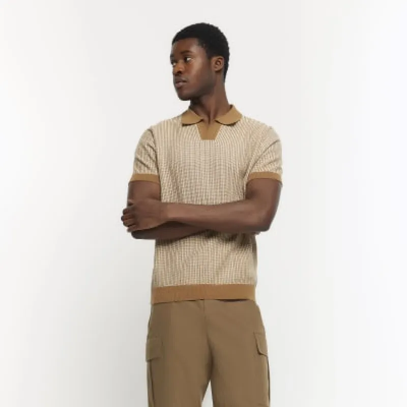 Brown slim fit knitted stripe polo sold by River Island
