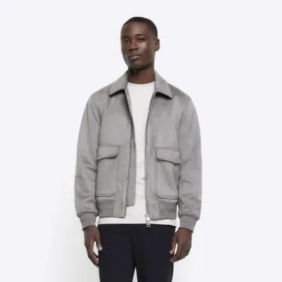 Grey regular suedette collared bomber jacket sold by River Island