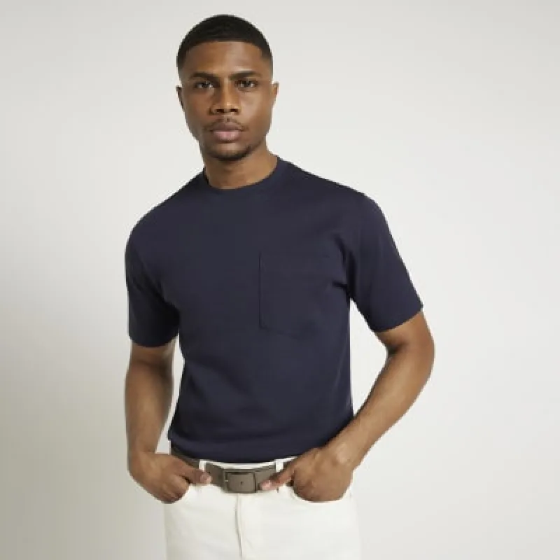Navy slim fit mercerised cotton t-shirt sold by River Island