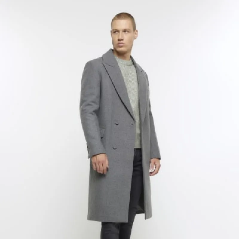 Grey regular fit wool blend longline coat sold by River Island
