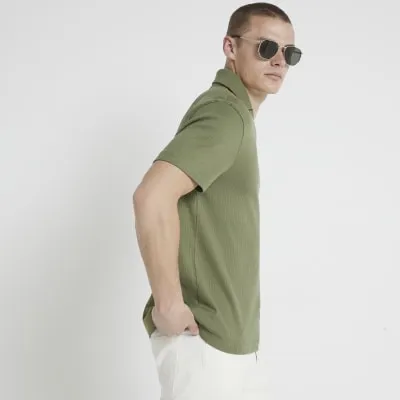 Green regular fit textured open neck polo sold by River Island