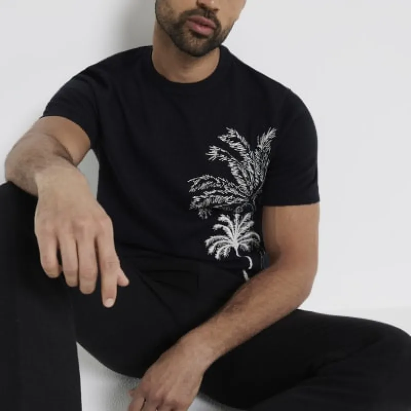 Black slim fit embroidered palm tree t-shirt sold by River Island
