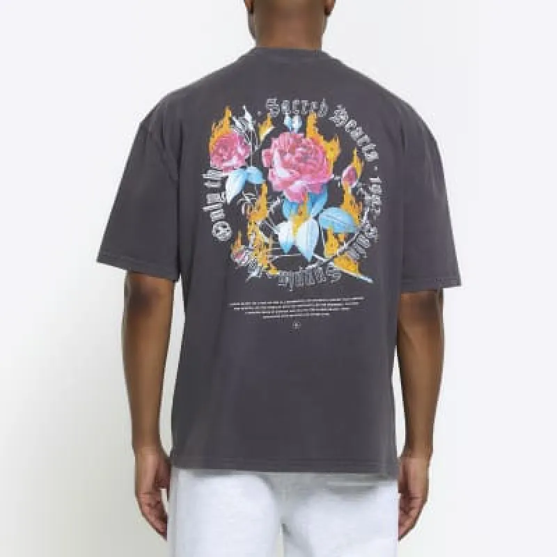 Black oversized fit floral graphic t-shirt sold by River Island