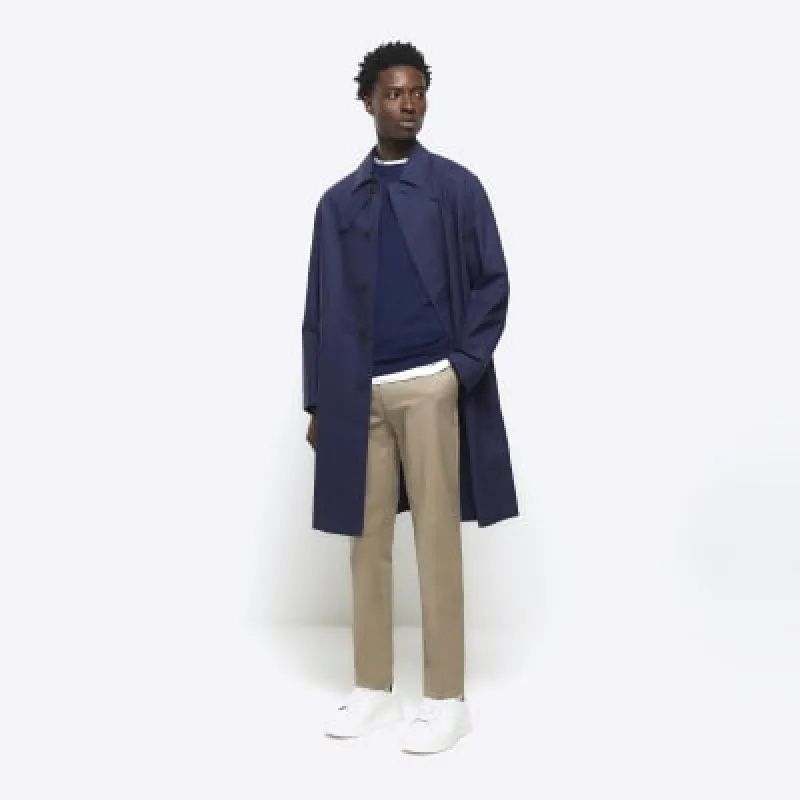 Navy regular fit longline trench coat sold by River Island