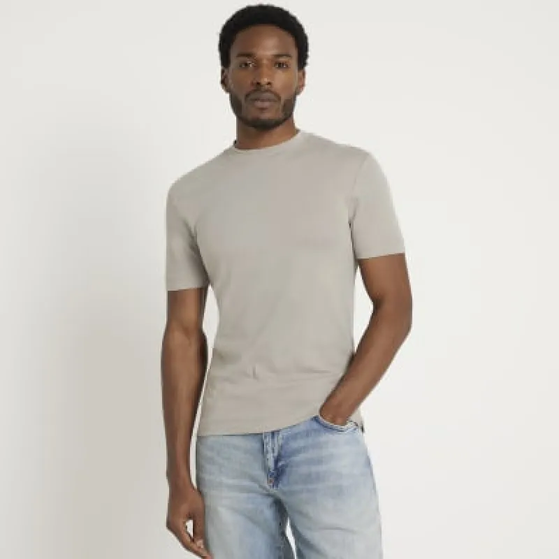 Grey RI Studio muscle fit stretch rib t-shirt sold by River Island
