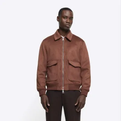 Brown Suedette Collared Bomber Jacket sold by River Island
