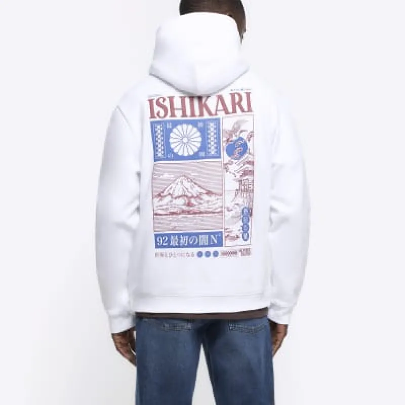 White regular fit graphic Japanese hoodie sold by River Island
