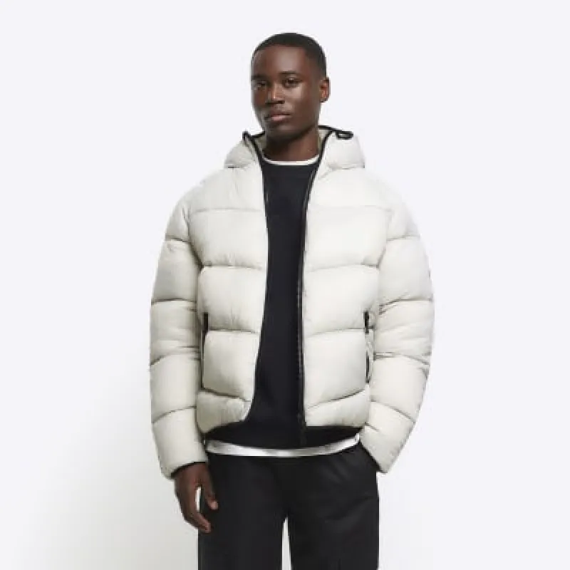 Stone regular fit hooded puffer jacket sold by River Island