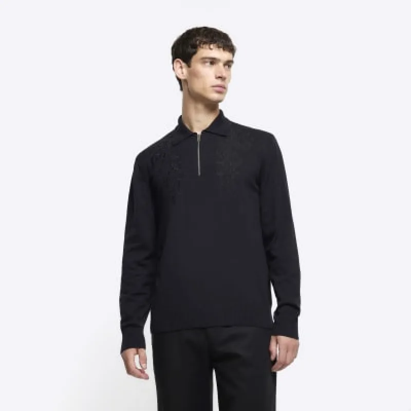 Black Slim Fit Embroidered Polo Shirt sold by River Island