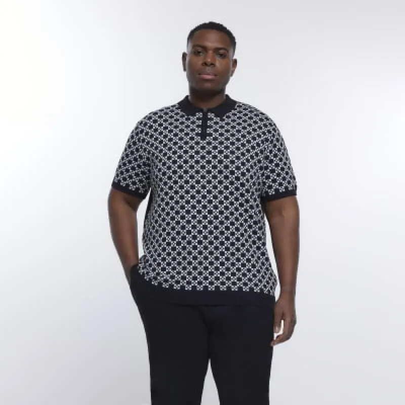 Big & Tall black geometric half zip polo sold by River Island