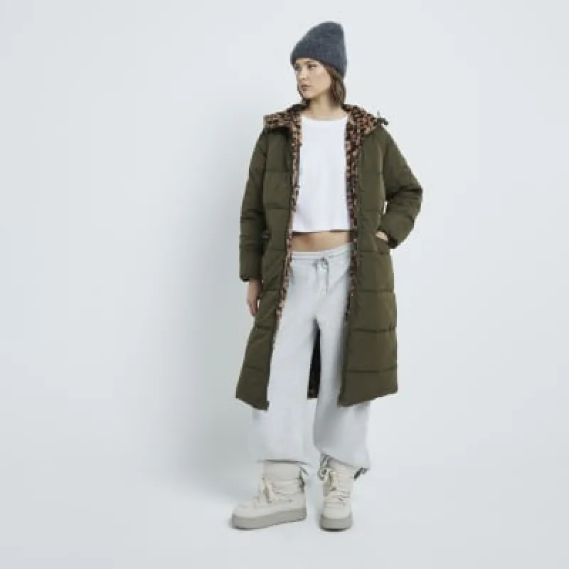 Khaki Leopard Reversible Midi Puffer Jacket sold by River Island