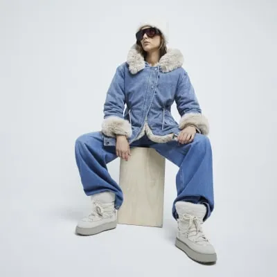 Blue Denim Faux Fur Trim Reversible Coat sold by River Island