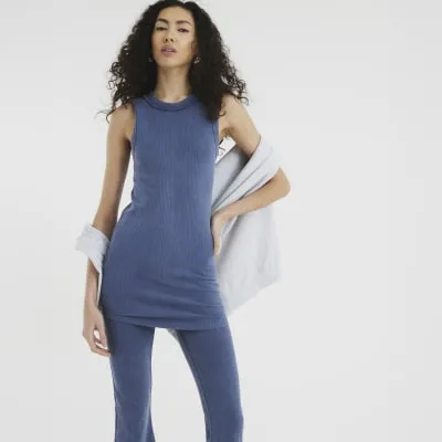 Blue Sleeveless Ribbed Longline Tank Top sold by River Island