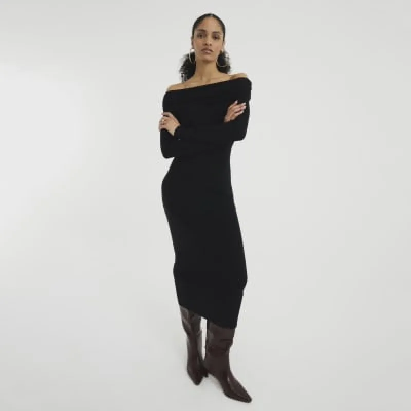 Black Long Sleeve Bardot Midi Dress sold by River Island