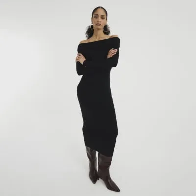 Black Long Sleeve Bardot Midi Dress sold by River Island