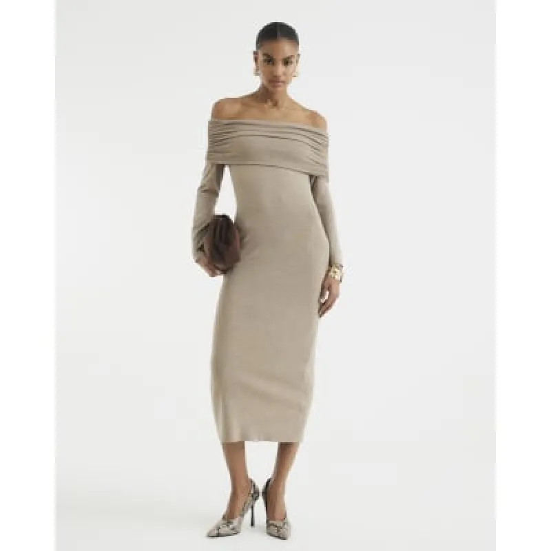Brown Long Sleeve Bardot Midi Dress sold by River Island