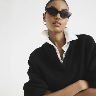 Black Knitted Long Sleeve Collared Sweatshirt sold by River Island