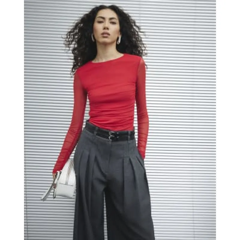 Red Long Sleeve Ruched Side Mesh Top sold by River Island