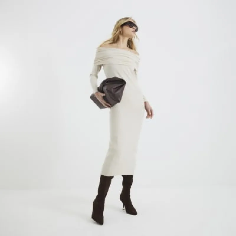 Beige Long Sleeve Bardot Midi Dress sold by River Island