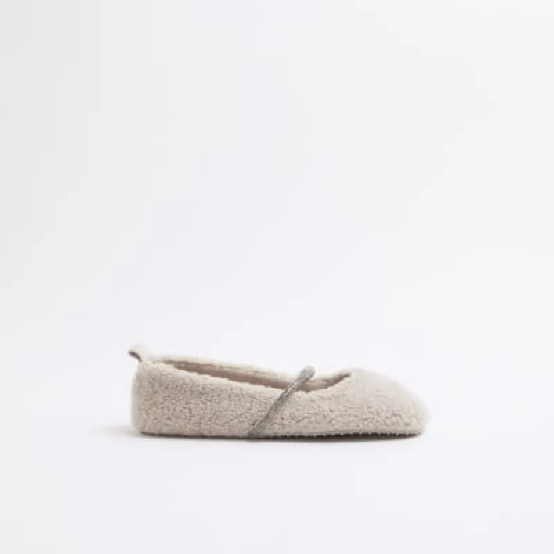 Grey Embellished Strap Borg Ballet Slippers made by River Island